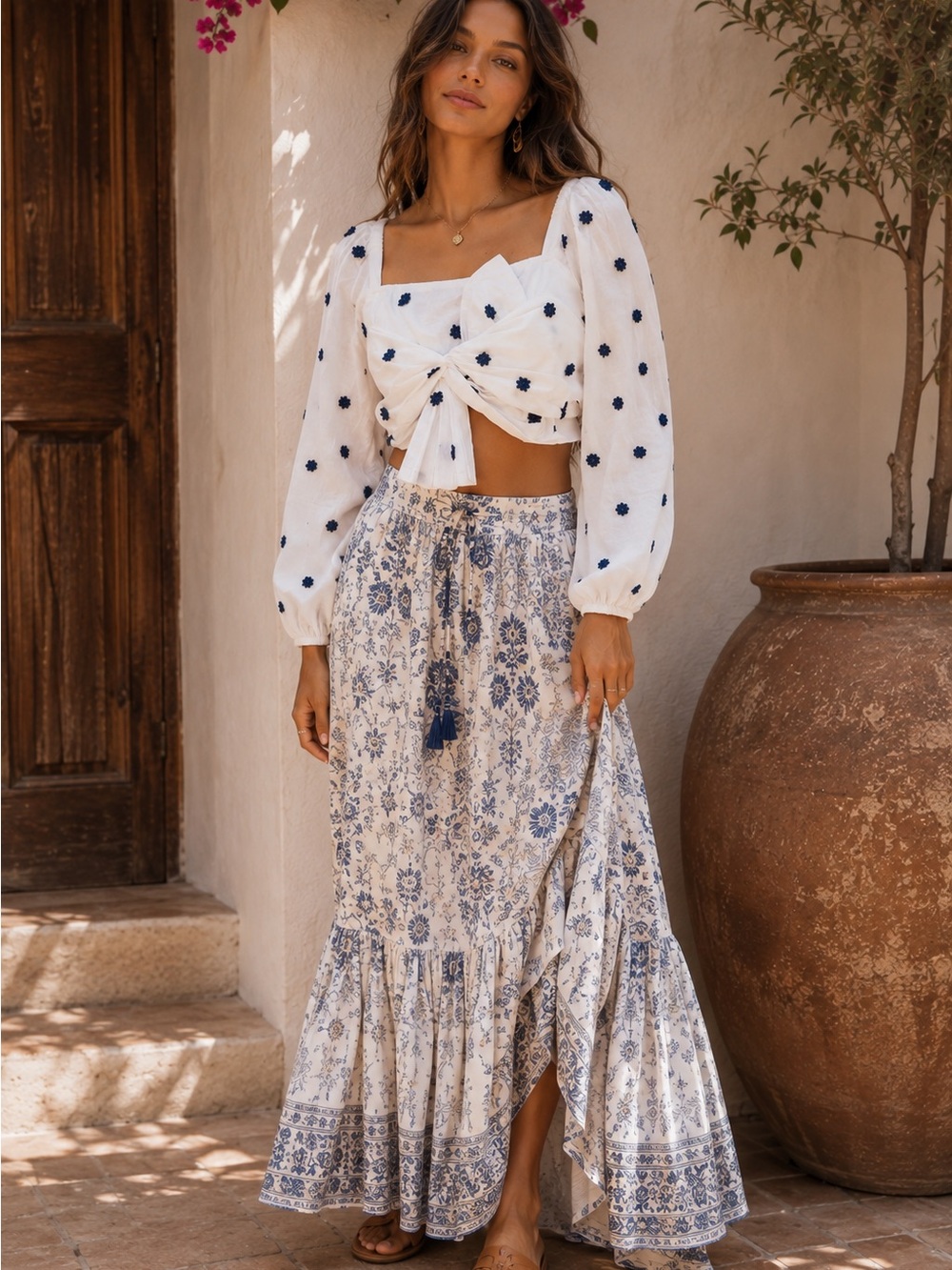 FARM Rio White Cropped Tie-Front Top with Navy Dot Embroidery